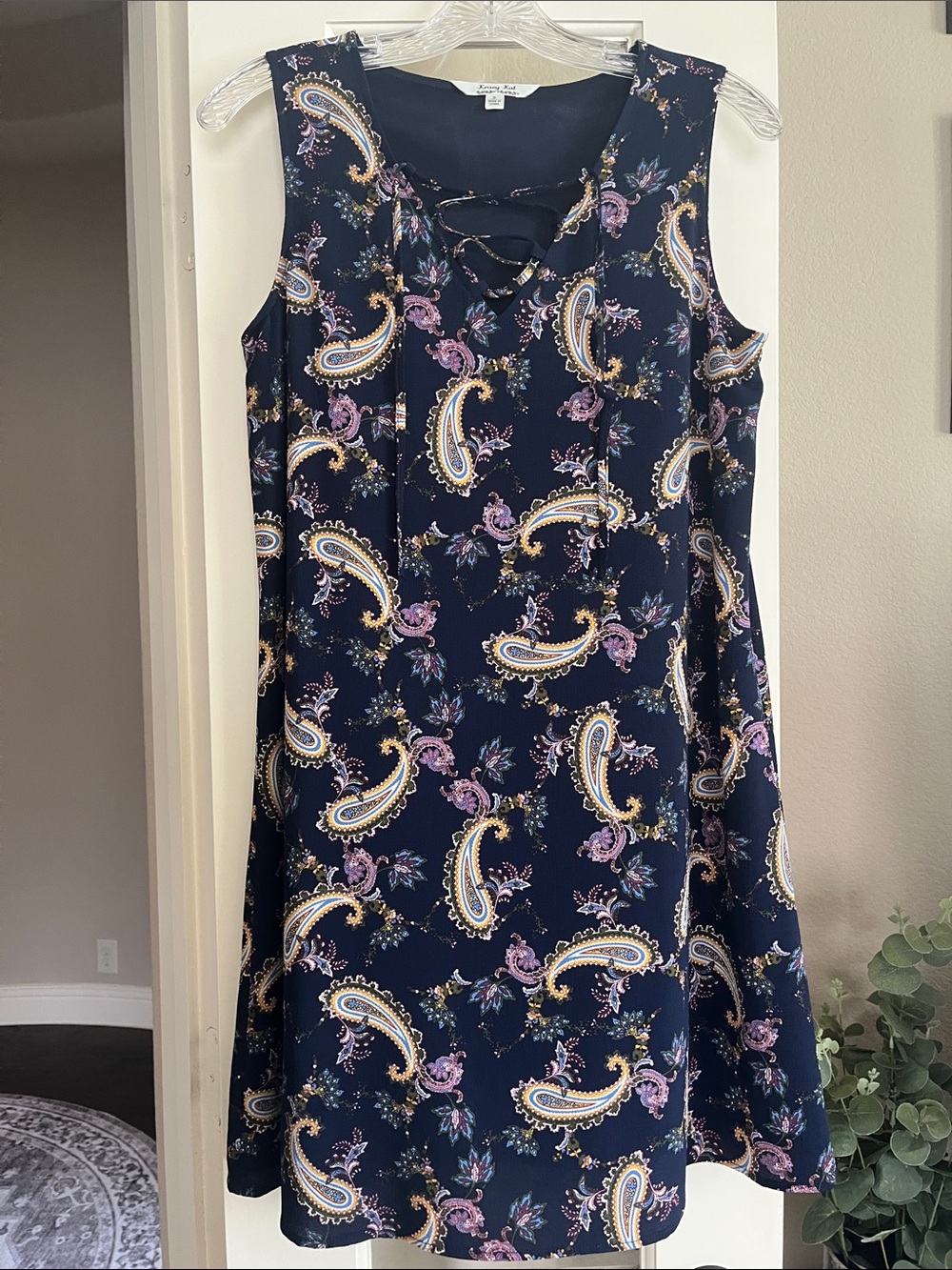 Krazy Kat Dress, Navy, Gold, Paisley, Lace-Up, Sleeveless, Lined, A-Line